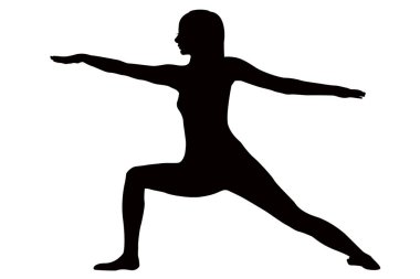Virabhadrasana önünde duran kadın pratik yoga, poz