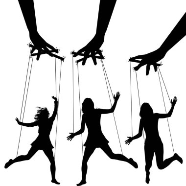 Manipulating arms controlling puppet silhouettes of three women clipart