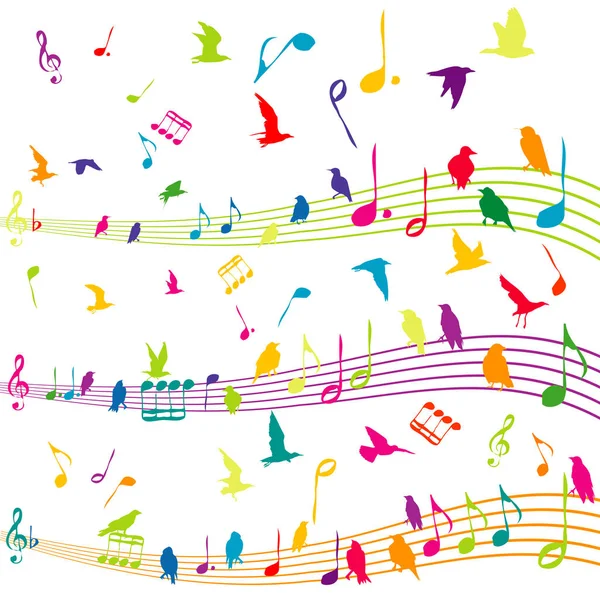 Illustration Colorée Abstraite Avec Note Musique Avec Silhouettes Oiseaux Volant — Image vectorielle