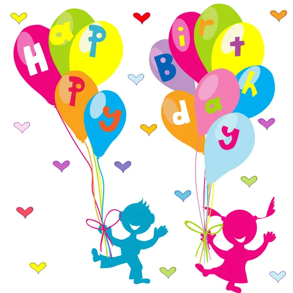Mutlu Doğum Günü Tebrik Kartı Çizgi Film Çocuk Balonlar Ile — Stok Vektör