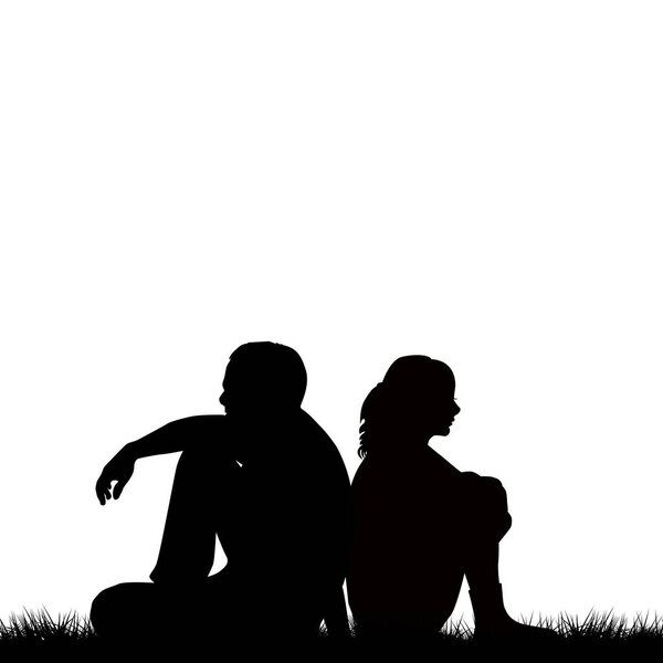 Silhouettes of sad couple sitting back to back