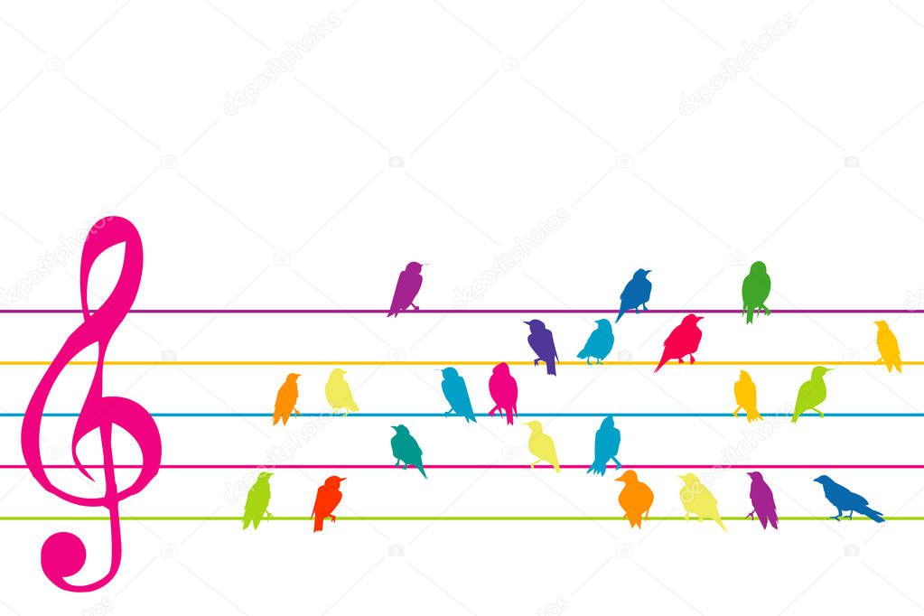 Abstract colorful music stave with birds silhouette