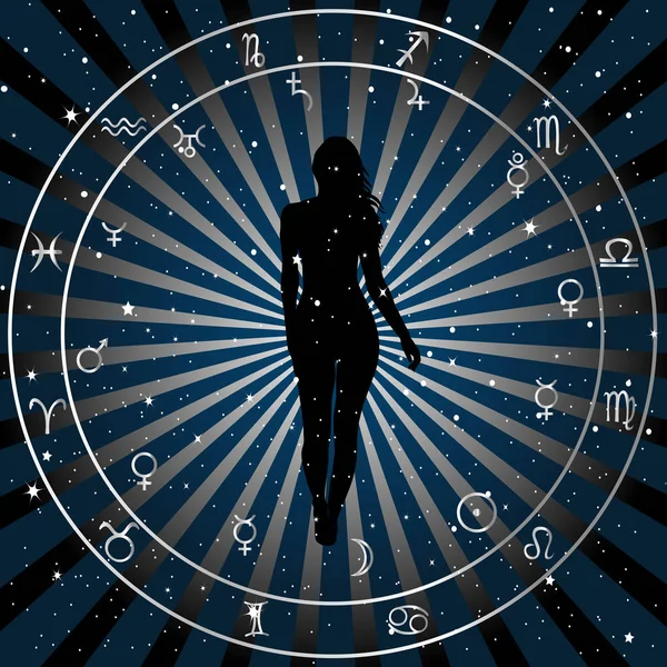 Astrologiska Zodiak Horoskop Bakgrund Med Siluett Kvinna Affisch För Astrologi — Stock vektor