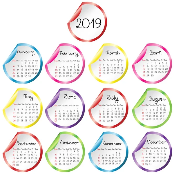 Calendario 2019 Con Pegatinas Brillantes Redondas — Vector de stock