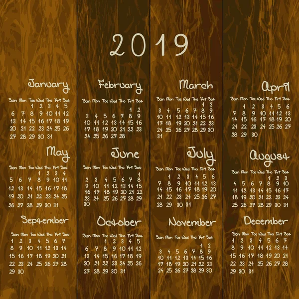 2019 Rustic Calendar Wood Background — Stock Vector