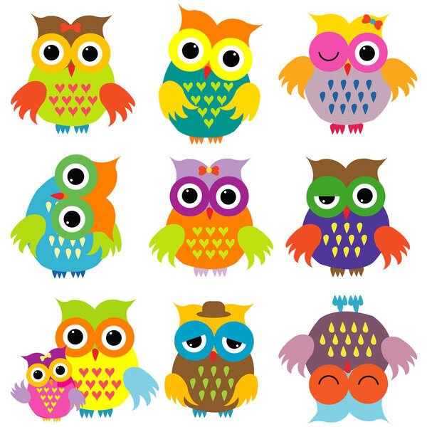 Colorful cute cartoon owls set