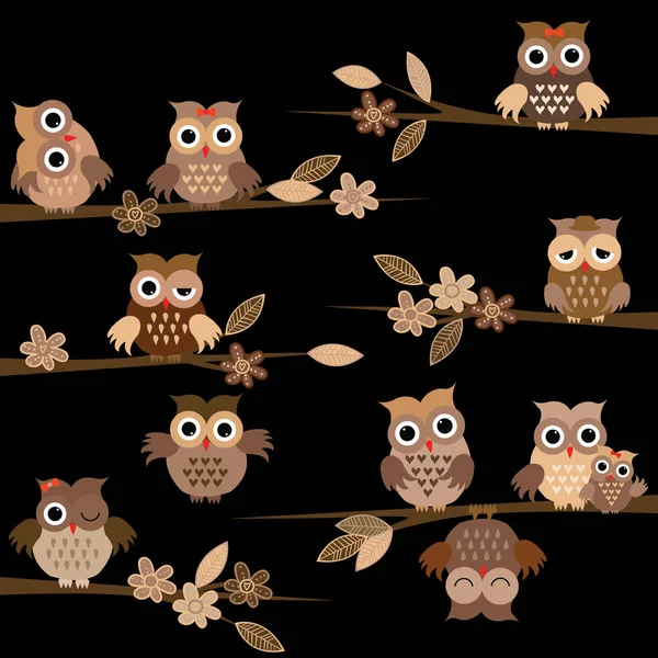 Cute Brown Cartoon Owls Night — Stock Vector