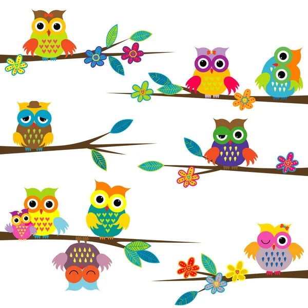 可爱的卡通猫头鹰在树枝上 — 图库矢量图片#