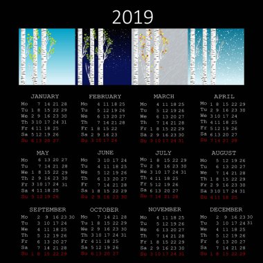 mevsim ve huş ağacı siyah arka plan üzerinde bulunan 2019 takvimi