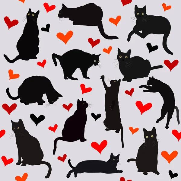 Fondo Sin Costuras Con Corazones Gatos Negros Para Día San — Vector de stock