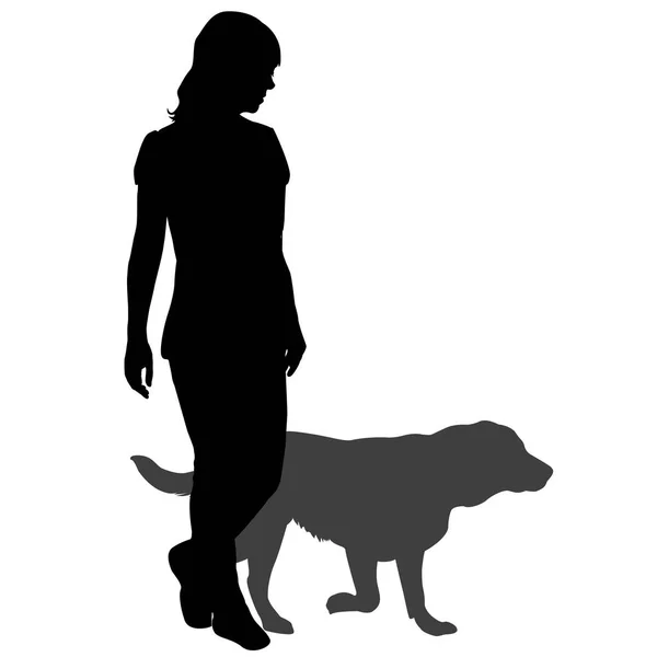 一个带着狗散步的女人的轮廓 — 图库矢量图片