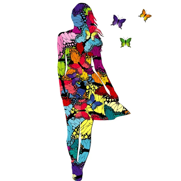 Silhouette Donna Astratta Con Farfalle Colorate — Vettoriale Stock