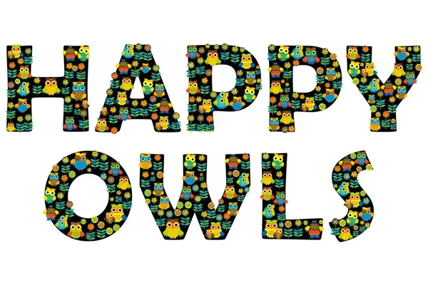 快乐猫头鹰字体与花卉和卡通猫头鹰的字母 — 图库矢量图片