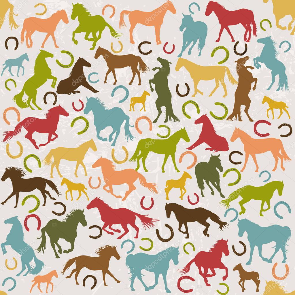Seamless background with horses silhouettes and horseshoes