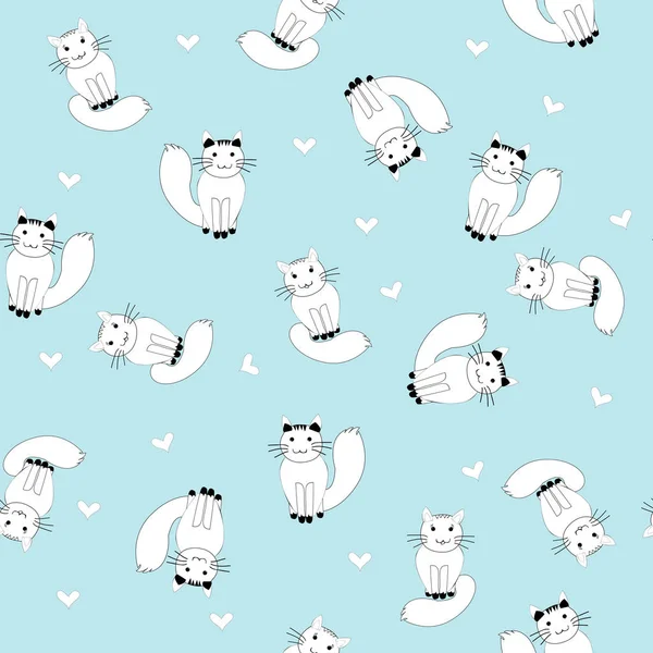 Cartoon White Cats Hearts Seamless Pattern — Stock Vector