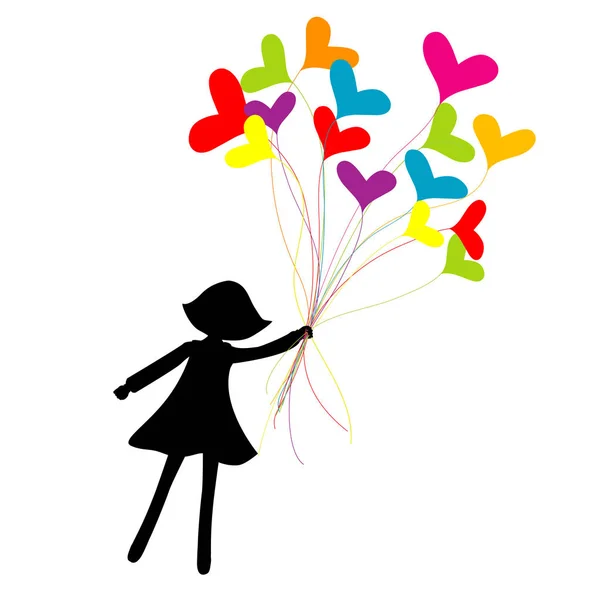 Girl Silhouette Flying Heart Shape Balloons — Stock Vector