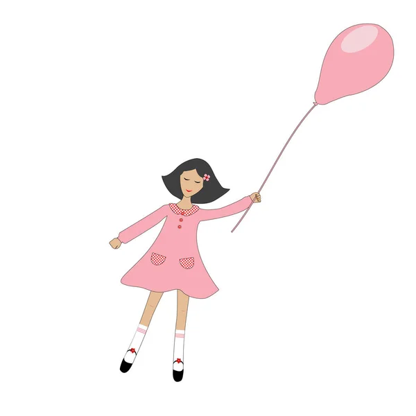 Cute Cartoon Girl Flying Balloon — Stock Vector