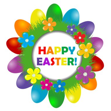 Yumurta, çim ve çiçek Paskalya çerçeve ile gökkuşağı renkli