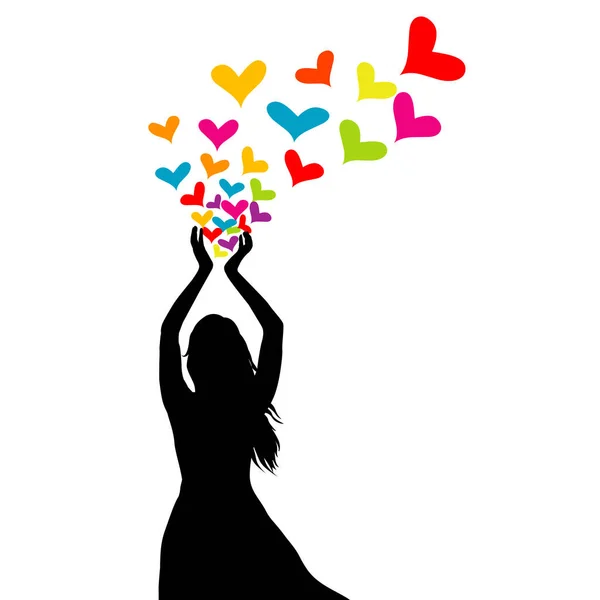 Silhouette Woman Colored Hearts Her Hands — Stock Vector