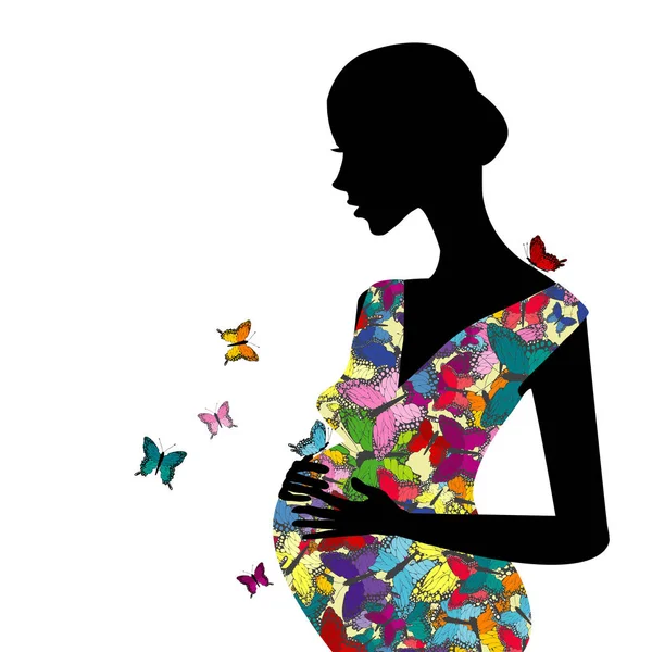 Stylized pregnant woman with butterflies pattern dress — Stock Vector