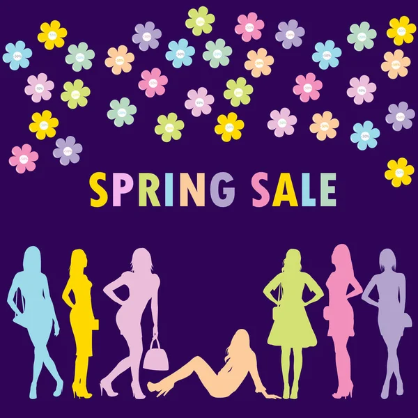 Conceito de venda de primavera com silhuetas de mulheres de moda — Vetor de Stock