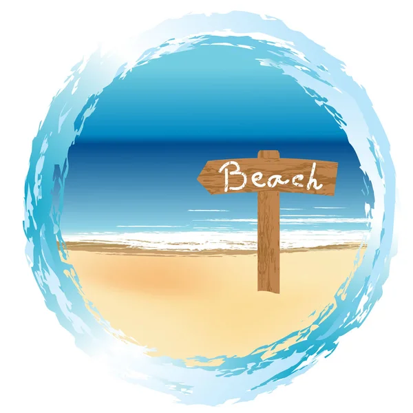 Marco redondo con cartel de madera en la playa — Vector de stock