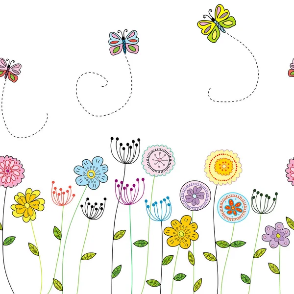 Borde floral divertido sin costuras con flores y mariposas —  Fotos de Stock