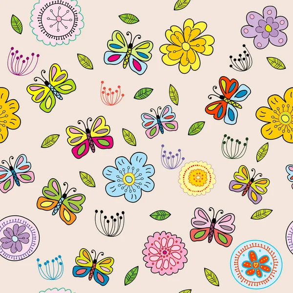 无缝图案与涂鸦花和蝴蝶 — 图库矢量图片