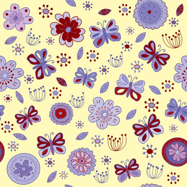 Motif floral sans couture avec des fleurs rouges et violettes et butterfl — Image vectorielle