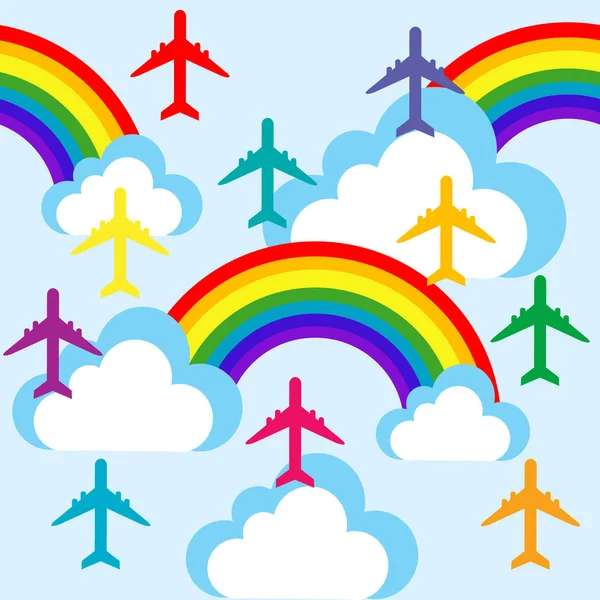 Cielo de dibujos animados con nubes, arcoíris y aviones — Archivo Imágenes Vectoriales