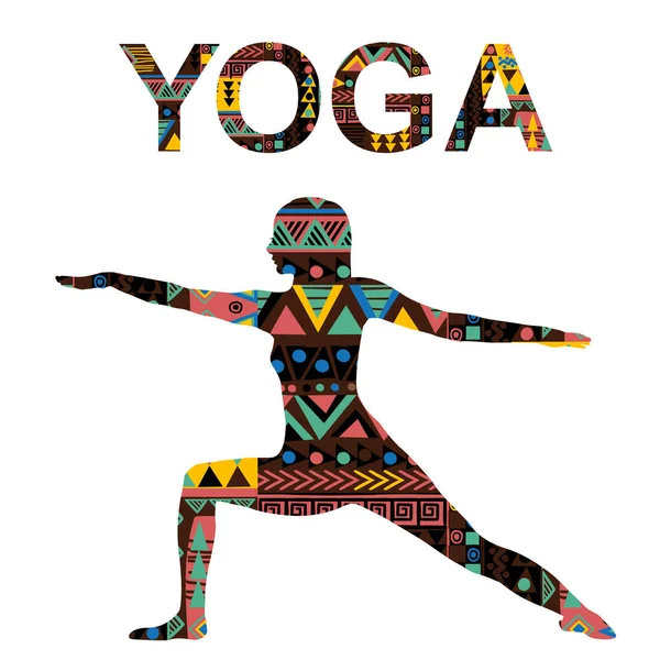 Fondo de yoga con mujer practicando yoga pose guerrera — Vector de stock