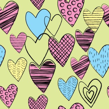 Doodle renkli kalpler ile dikişsiz arka plan
