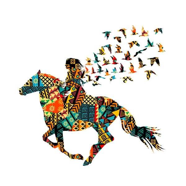 Padrão de motivos étnicos coloridos de uma mulher montando com pássaros —  Vetores de Stock