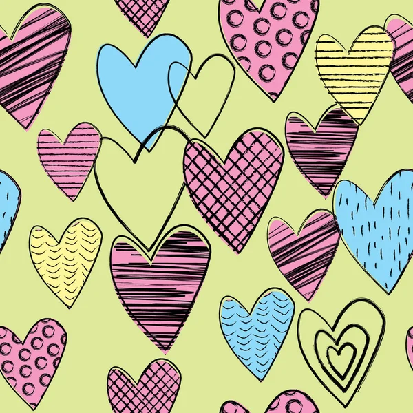 Seamless background with doodle colored hearts — Stock Vector