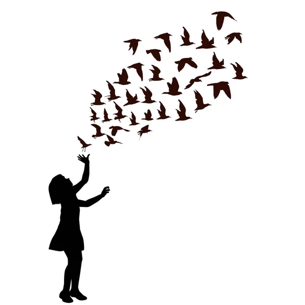 Silhueta de uma menina com pássaros voando —  Vetores de Stock