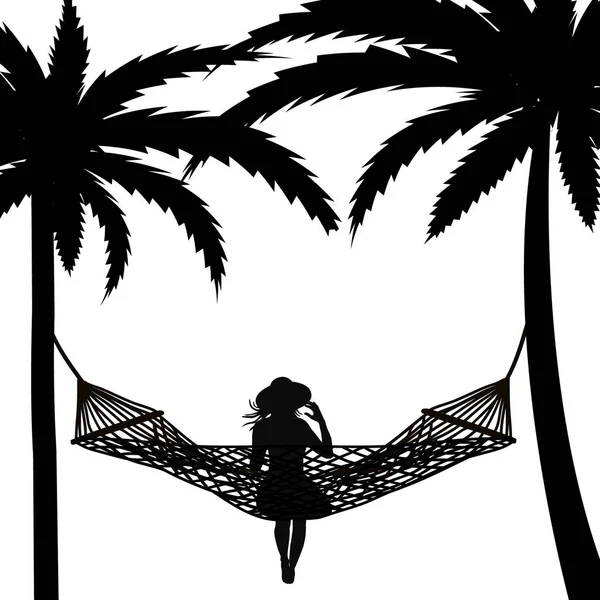 Tropikalna scena z palmami i kobietą relaksująca się w hamaku — Wektor stockowy