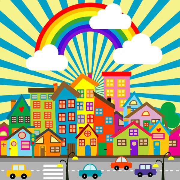 Cartoon city with houses and street — Stock Vector
