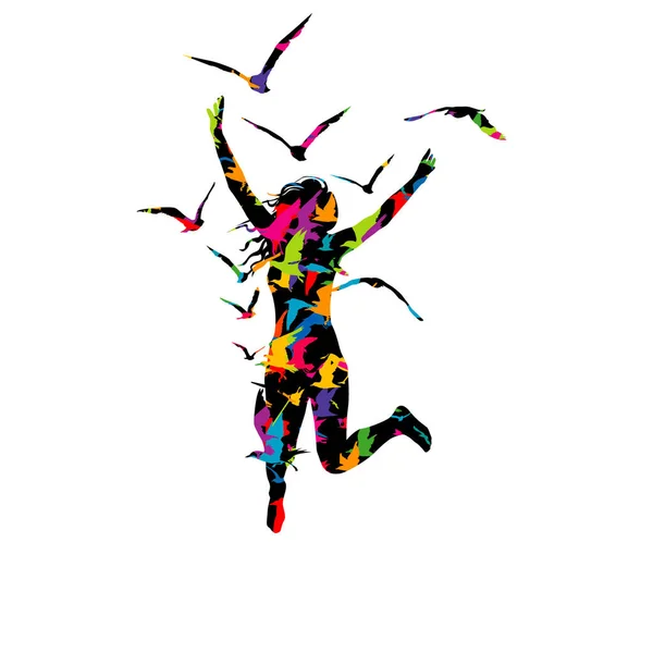 Абстрактная красочная иллюстрация прыжка женщины и птичьего полёта — стоковый вектор