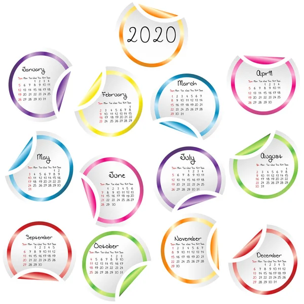 2020 Calendar with round glossy stickers — Stock Vector