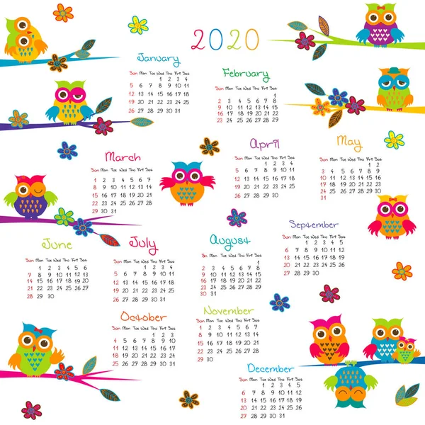 Calendário 2020 com corujas dos desenhos animados — Vetor de Stock