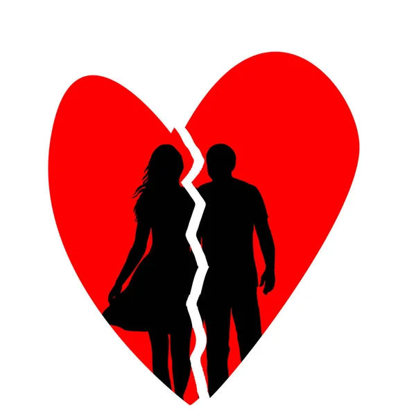 Corazón roto con silueta de hombre y mujer — Vector de stock