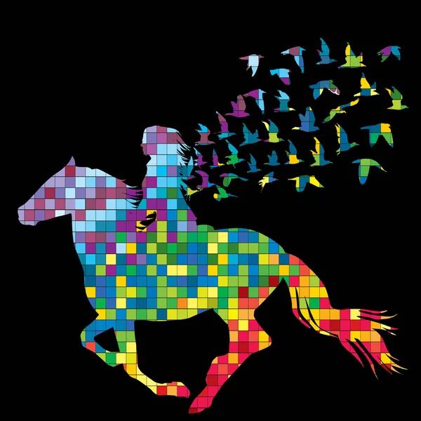 Estilo de azulejo de mosaico colorido de mujer jinete con aves — Vector de stock