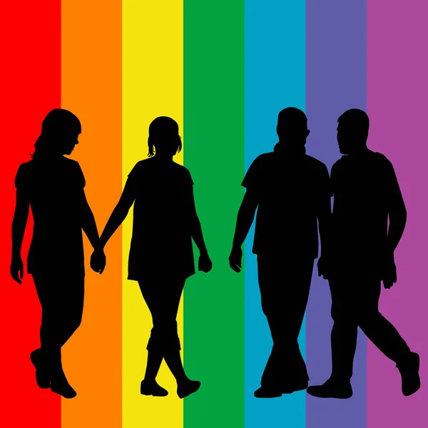 Концепція ЛГБТ з гей- та лесбійською парою на веселковому фоні — стоковий вектор