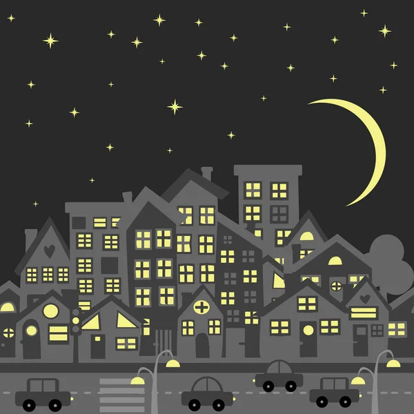 Noc panoramę miasta sylwetka z kreskówek tradycyjnych dachów — Wektor stockowy