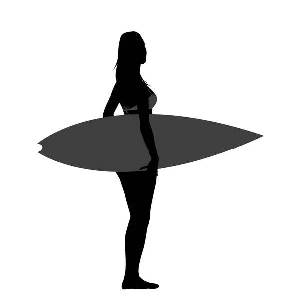 Silhouet van mooie surfer Girl — Stockvector