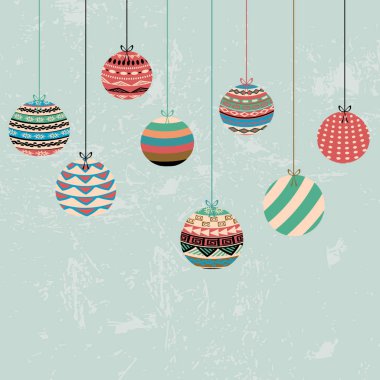 Kurdele asılı dekorasyon topları ile Noel tebrik kartı