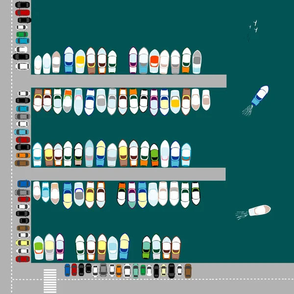 Foto aérea de barcos atracados en puerto y estacionamiento de coches — Vector de stock