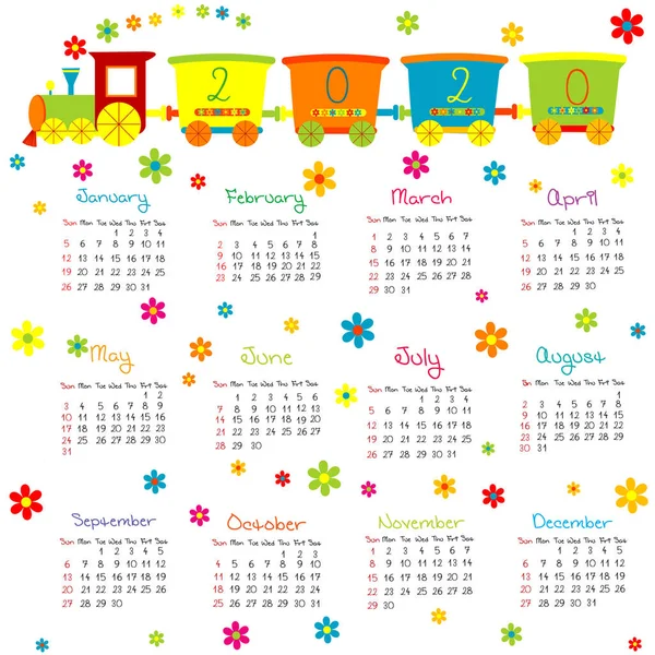 Календарь для детей с игрушечным поездом и цветами 2020 — стоковый вектор