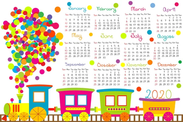 2020 calendar with cartoon train for kids — Stock Vector