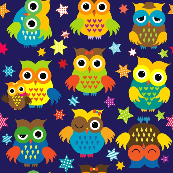 Cartoon owls in the nighttime colorful seamless pattern — Stock Vector